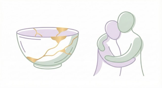 A minimalist line art illustration of a delicate ceramic bowl that has been gently mended with soft gold lines (inspired by kintsugi, representing beautiful healing after a break). Next to it, two stylized, abstract figures gently embracing.