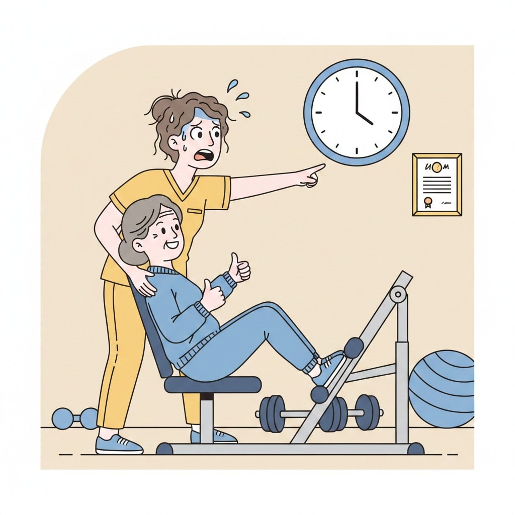 A frazzled therapist frantically treating a patient to stay within the alloted time